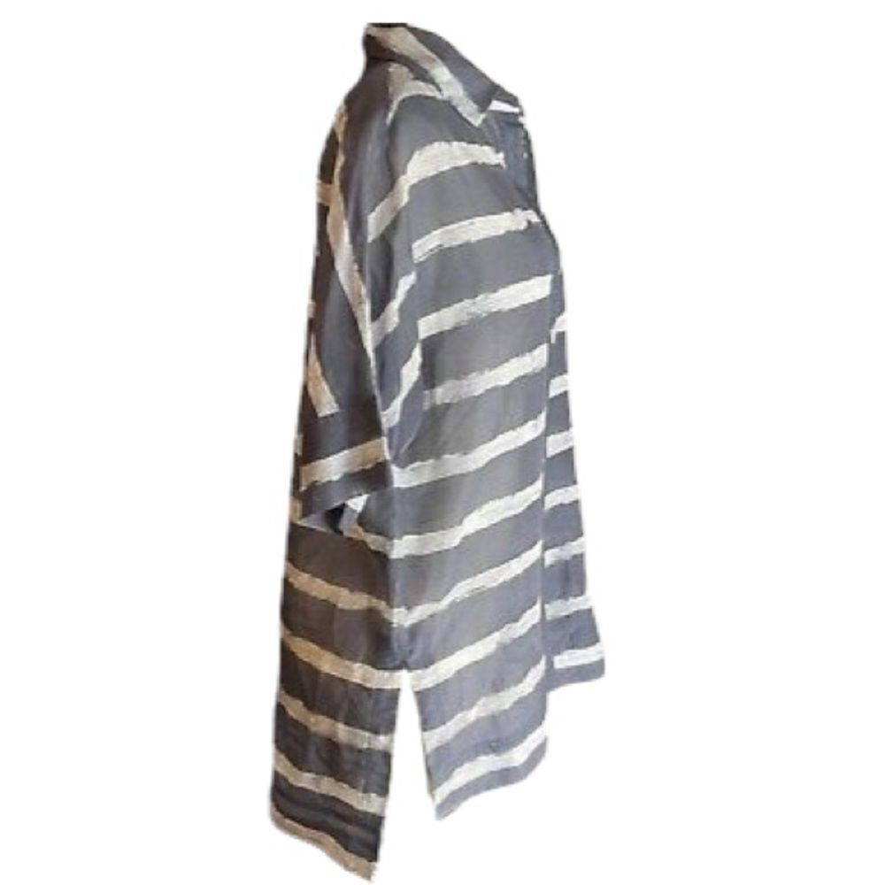 Lafayette 148 Cotton/Silk Blend Gray and White Striped Hi Low Blouse - Picture 4 of 12